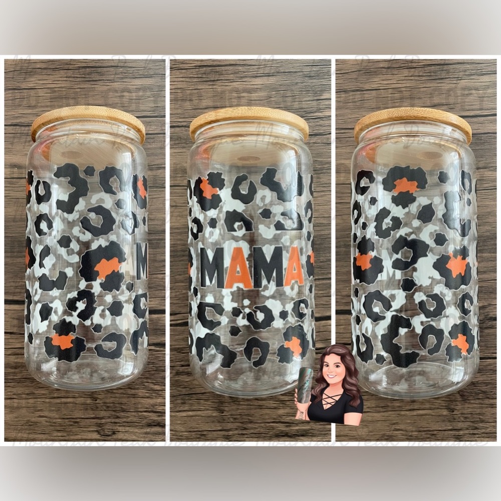 Leopard print “MAMA” glass can tumbler with bamboo lid and straw.